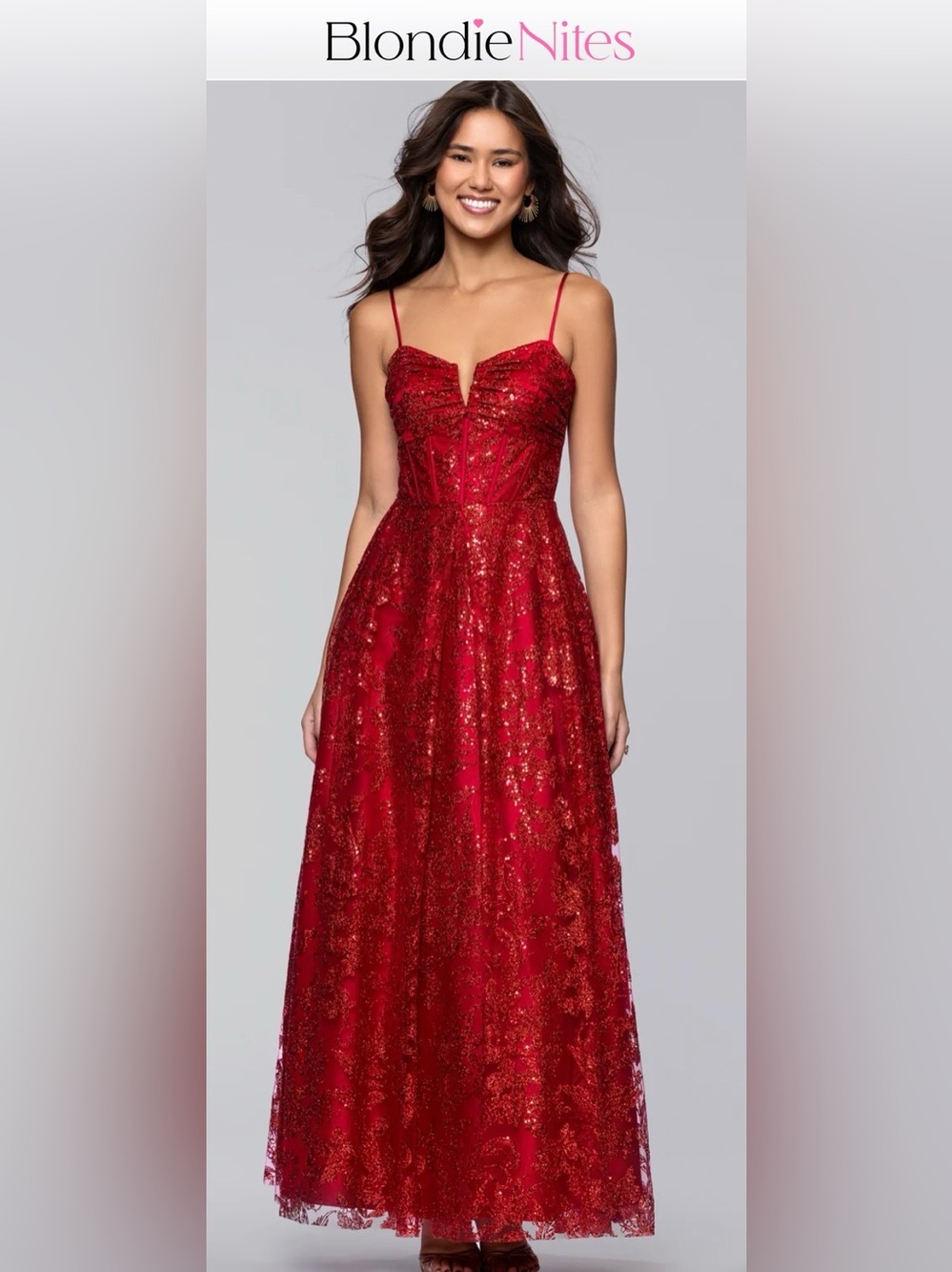 NWT Blondie Nites LORY Dress Red Lace Sequin Prom Gown with Spaghetti Straps
